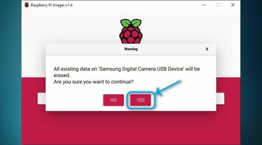 Raspberry Pi Imager Taip mygtukas
