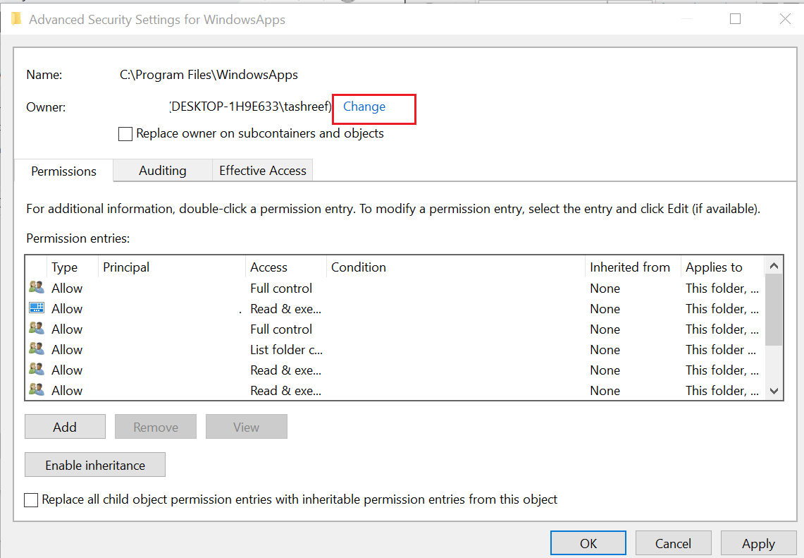 Zmień uprawnienia Użytkownik folderu WindowsApps nie ma prawidłowego błędu profilu