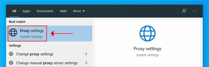 достъп до настройките на прокси за Windows 10 от менюто "Старт"