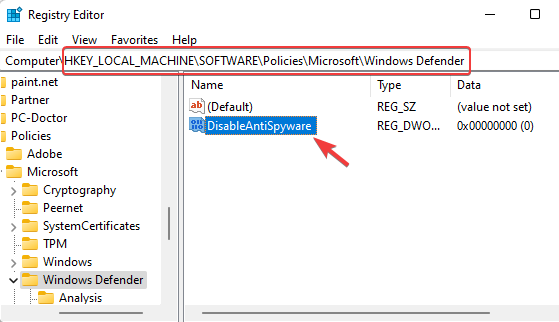 DisableAntiSpyware'i Kayıt Defteri Düzenleyicisi'nde açmak için çift tıklayın
