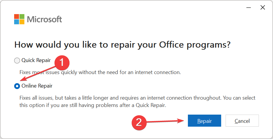online reparasjon for å fikse Microsoft Excel venter på at et annet program skal fullføre en OLE-handling