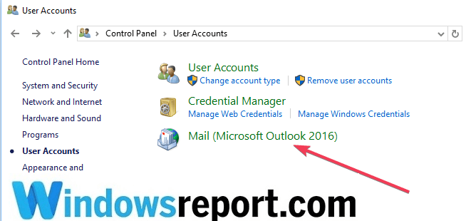 pannello di controllo di Outlook 2016