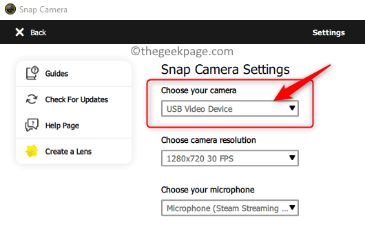 Snp-Kameraeinstellungen Wählen Sie das Kameragerät aus