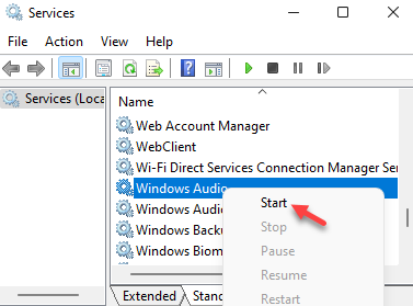 Имя службы Windows Audio Щелкните правой кнопкой мыши Пуск