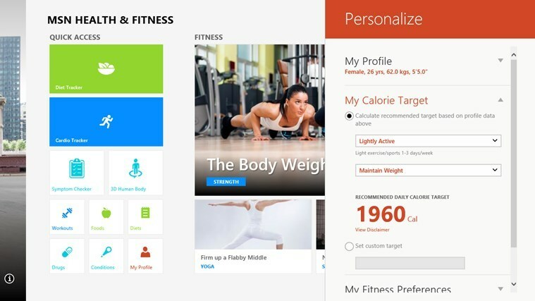 MSN Health & Fitness alkalmazás Windowshoz