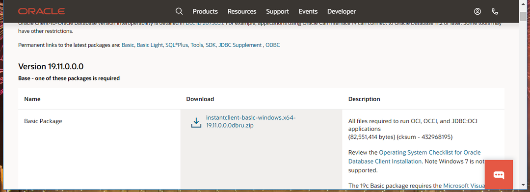 La página de descarga del paquete de Oracle instala el controlador odbc de Oracle para Windows 10