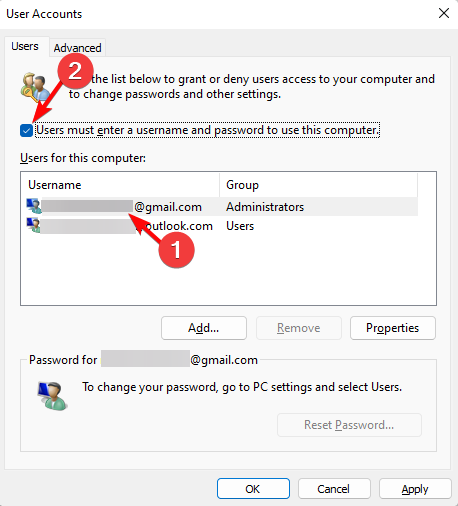 เปิดใช้งาน https: cdn.windowsreport.comwp-contentuploads202301users-account-users-tab-select-user-account-User-must-enter-a-username-and-password-to-use-this-computer-uncheck.png
