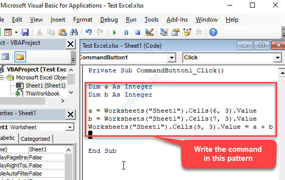 Microsoft Visual Basic for Applications -ikkuna Kirjoita komento Enter