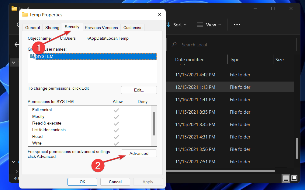 temp-properties-security Programul de instalare a întâmpinat o eroare 0xc8000222