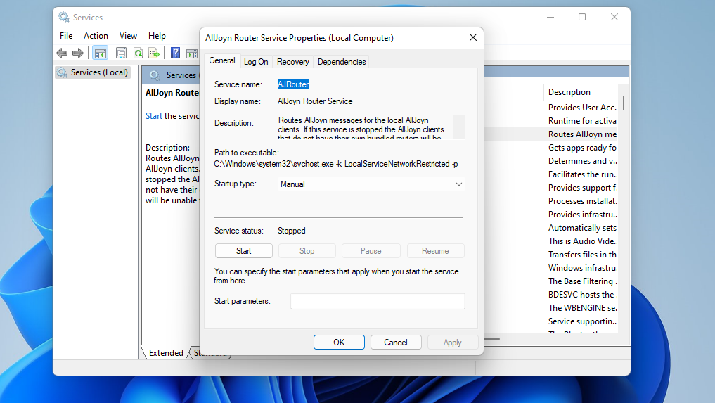 Rekvizītu loga pakalpojumi, lai atspējotu Windows 11