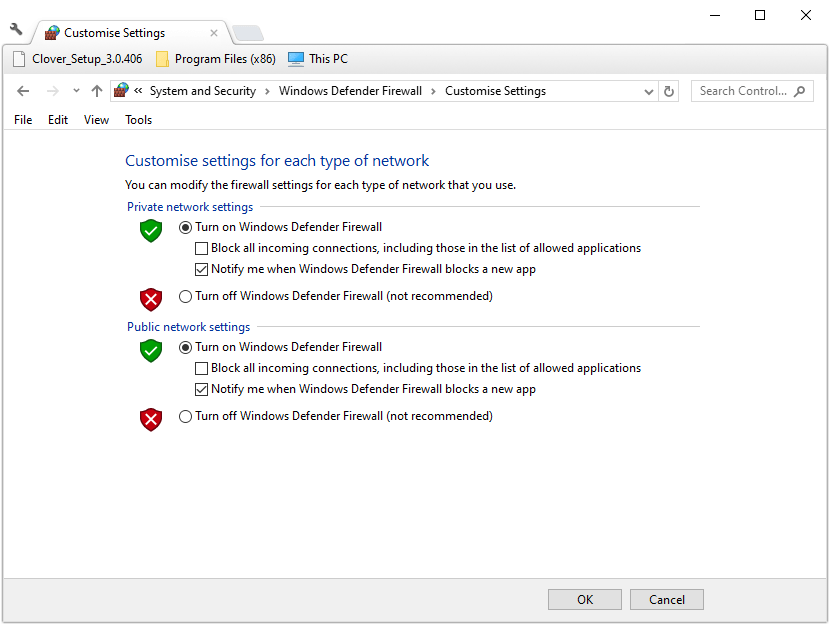 Izslēdziet Windows Defender ugunsmūra iestatījumus, kā novērst kļūdu 1713 Windows 10