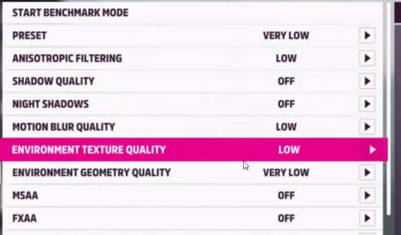 Опције квалитета текстуре окружења форза хоризон 5 муцање пц