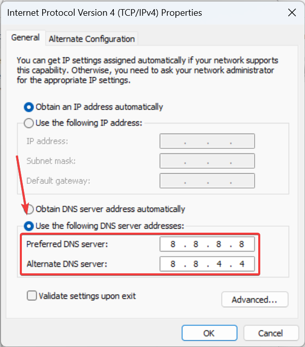 променете DNS сървъра, за да поправите потребител, който не може да достигне до google.com чрез въвеждане на url в уеб браузъра
