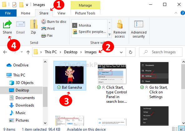Åpne File Explorer, Åpne en mappe, Velg en bildefil, klikk på Del-knappen på øvre del