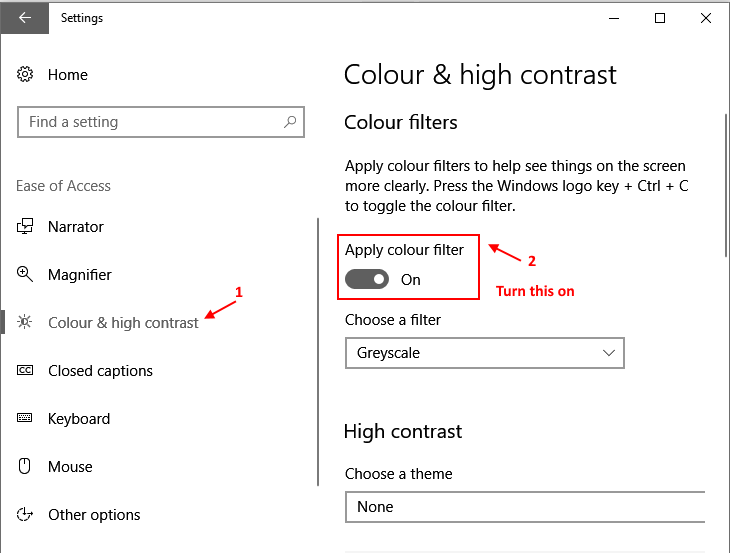 როგორ ჩართოთ ფერადი ფილტრი Windows 10-ში