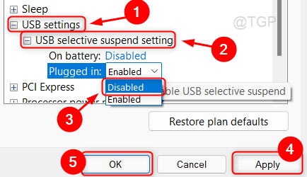 USB селективни настройки План за захранване Win11 Мин