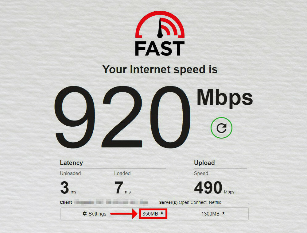 Fast.com מציג את תוצאות בדיקת מהירות האינטרנט