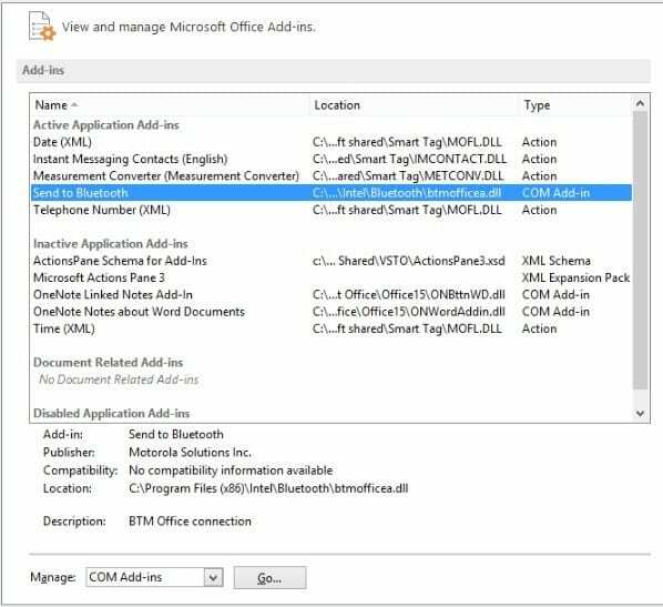 Възникна неизвестна грешка Outlook деактивира добавките за Microsoft Office