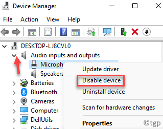 Device Manager Είσοδοι και έξοδοι ήχου Μικρόφωνο Κάντε δεξί κλικ στο Disable Device