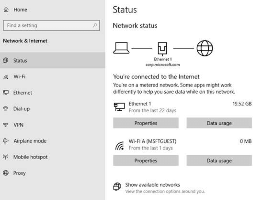 Netzwerkstatusseite Windows 10 Build 18956