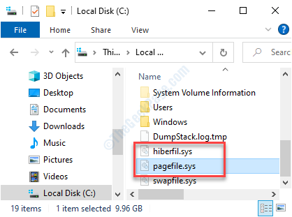 „File Explorer C“ diskas „Hiberfil.sys“ ir „Pagefile.sys“ failai