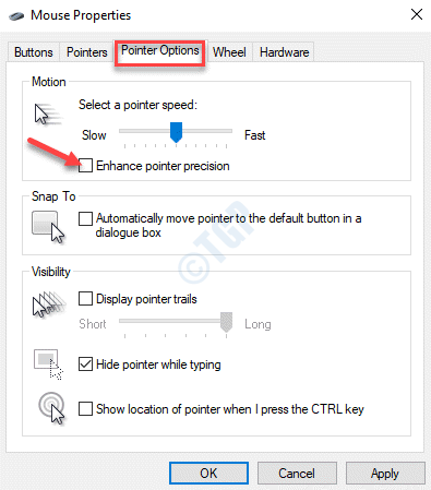 Mouse Properties Pointer Options Tingkatkan Presisi Pointer Hapus centang Terapkan Ok