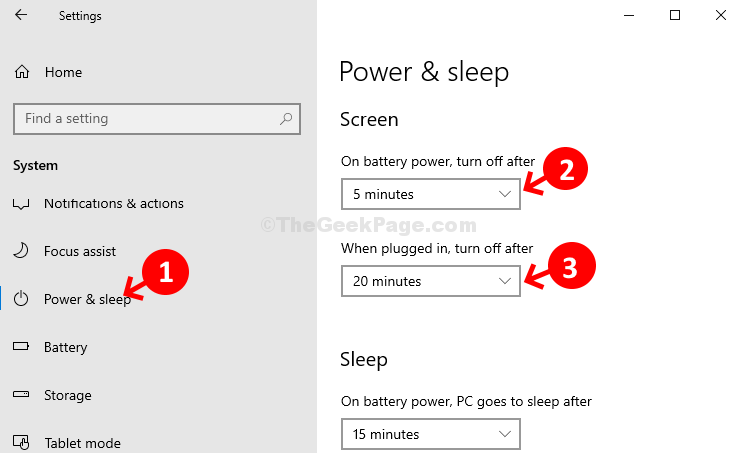 System Power & Sleep-Bildschirm Stellen Sie die Zeit für den Akkubetrieb und das Anschließen ein