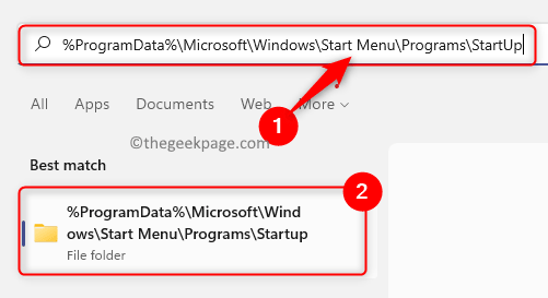 Windows programmu startēšanas mapes ceļa meklēšanas josla Min