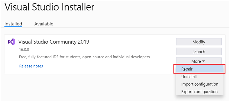 Visual Studio Installer 2019 - Reparación