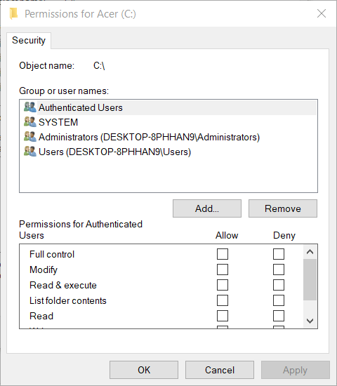 Windows 10의 권한 창 오류 0x80071771