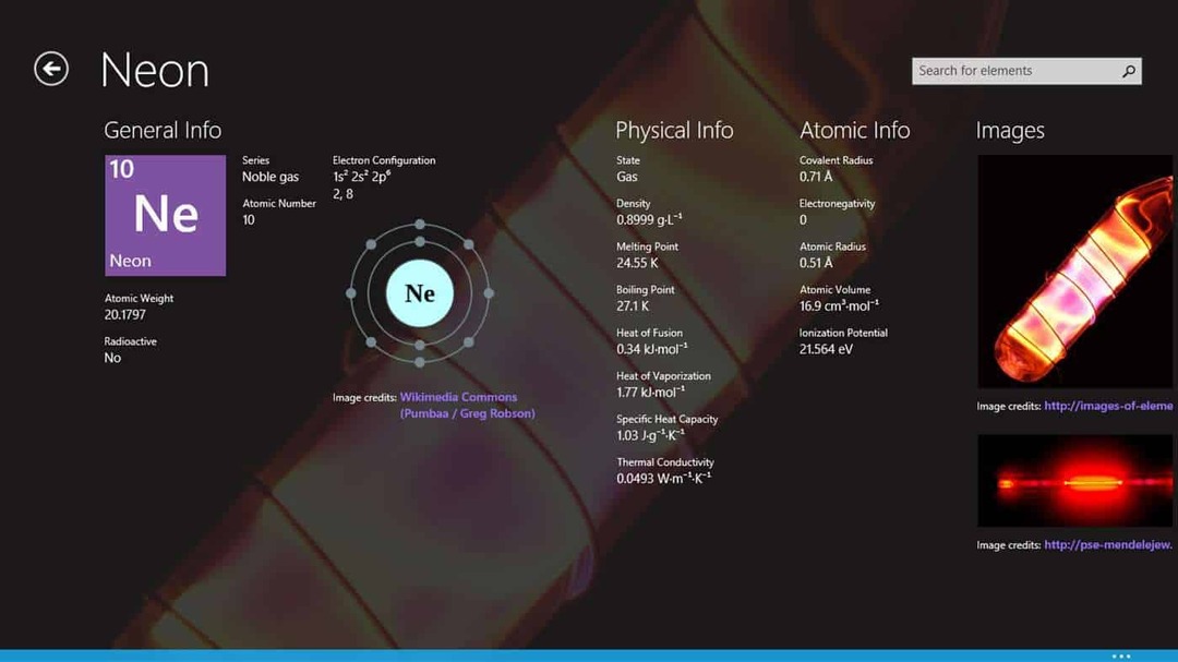 елементи на приложението Периодична таблица за Windows 8.1, Windows 10