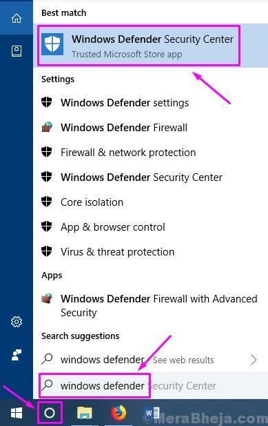 Отворете Центъра за защита на Windows Defender