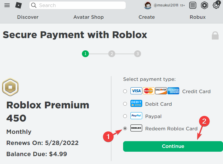 Página de pagamento Roblox - selecione resgatar cartão roblox e continue