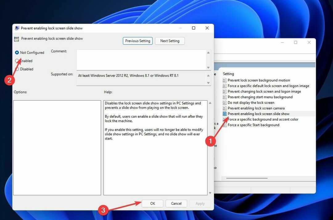 neļautu Windows 11 bloķēšanas ekrāna slaidrādes iespējošanu