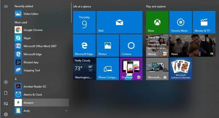 Пуск меню Windows 10 снимок экрана