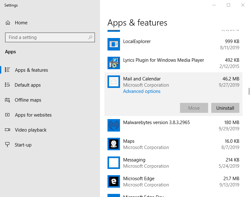 Опция удаления почты Windows 10 как отключить почтовое приложение