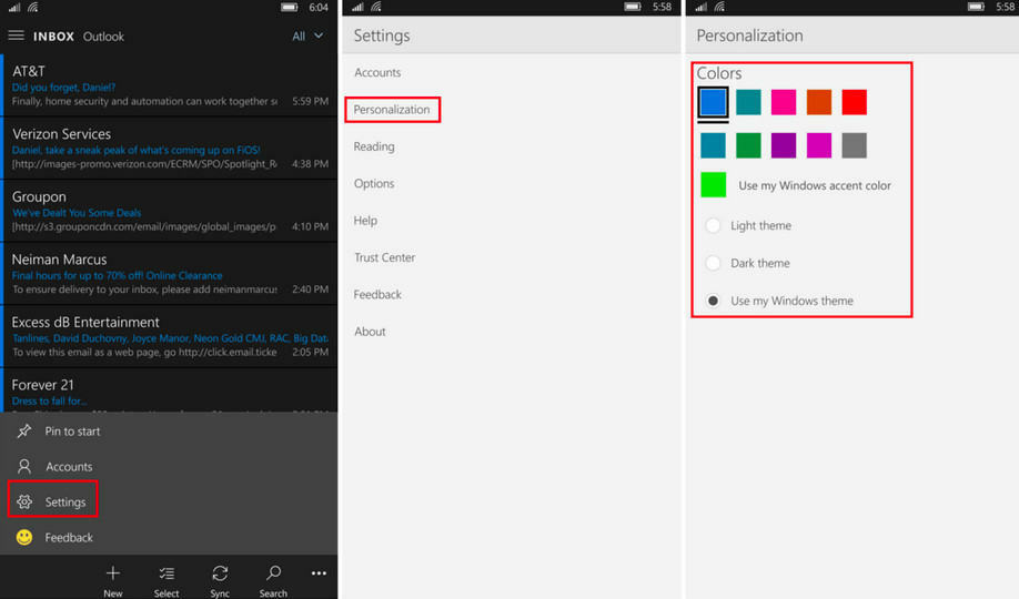 Windows 10 Mobile'i Outlook ja kalender saavad uue tumeda teema ja palju muud