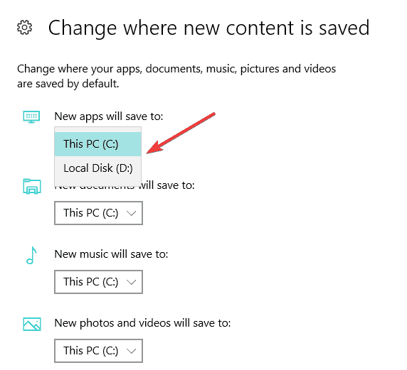 modificați salvarea locației Windows 10