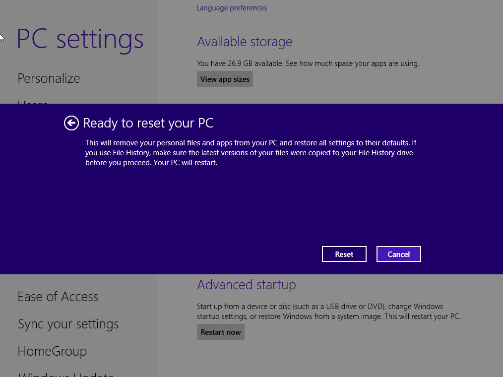 tehdasasetusten palauttaminen Windows 8