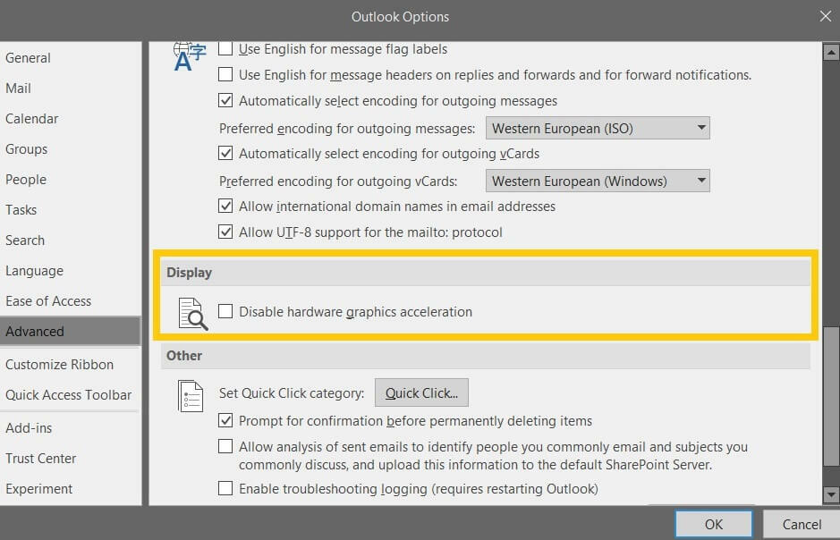 Outlook Hardware-Grafikbeschleunigung deaktivieren