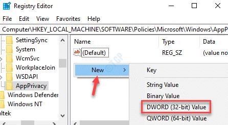Appprivacy dell'editor del registro Lato destro Fare clic con il pulsante destro del mouse Nuovo valore Dword (32 bit)