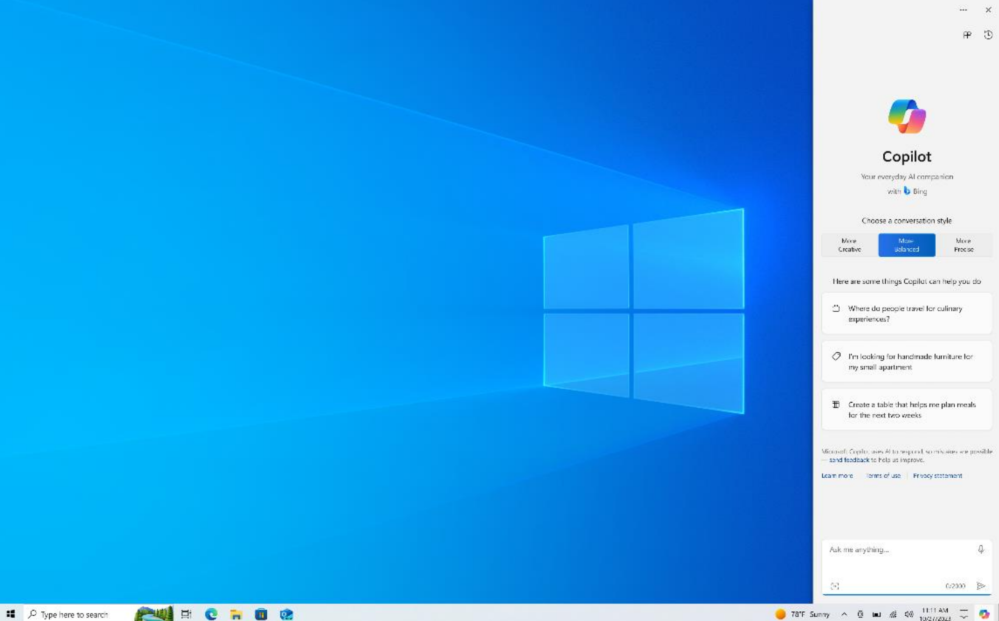 Windows 10 Copilot eksempelbillede