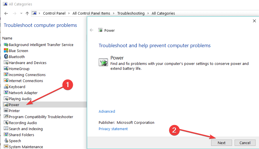 solucionador de problemas de energía windows 10