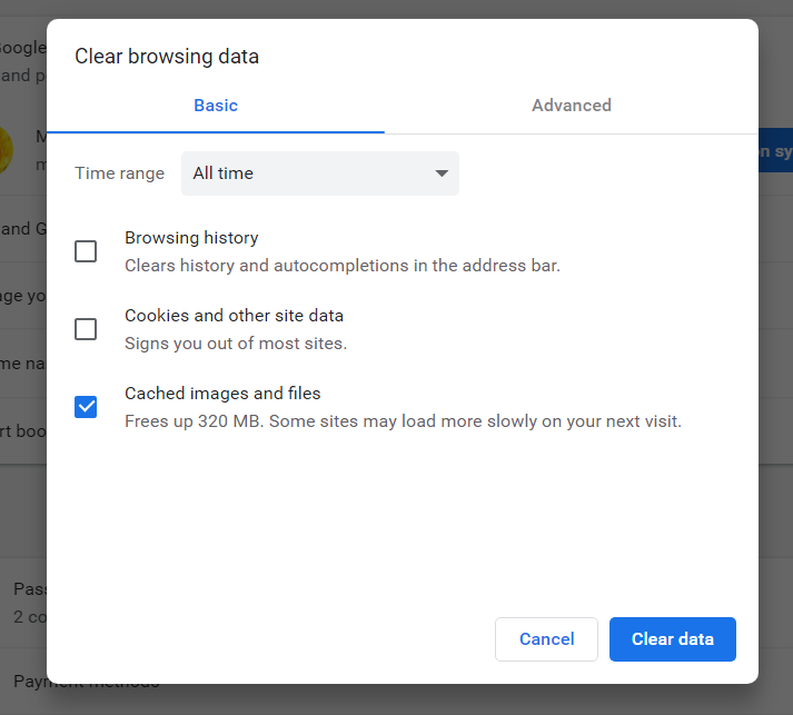 „Chrome“ programa „Išvalyti naršymo duomenis“ šio vaizdo įrašo failo negalima leisti