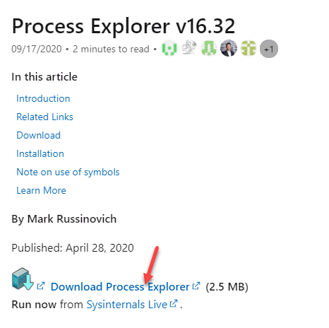 ProcessExplorerのMicrosoft公式リンクダウンロードProrcessExplorer