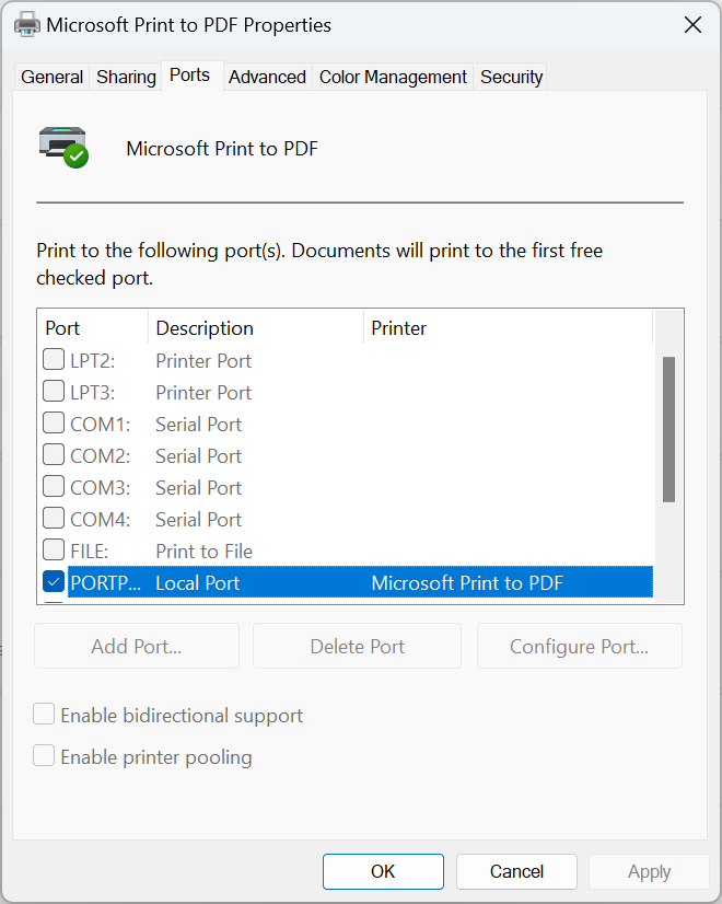 muutke porti, et parandada Windows 11 külmub printimisel