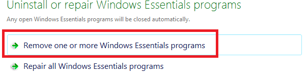 إزالة برامج Windows Essentials
