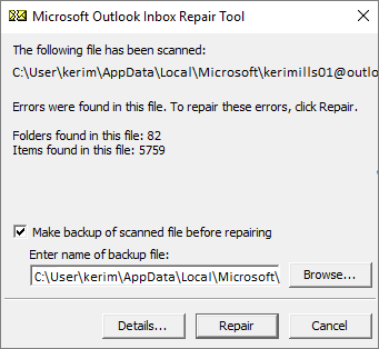 Microsofti Outlooki postkasti parandamise tööriista väljavaadet infopoodi ei saa avada