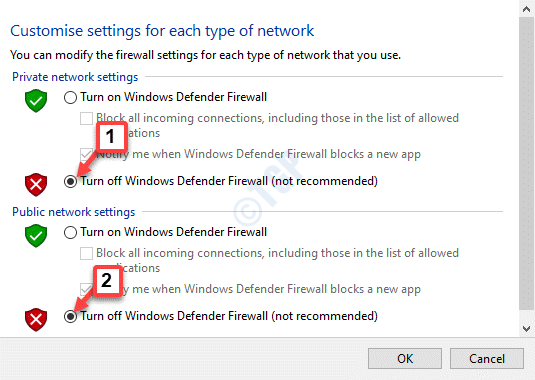 Tilpas indstillinger Sluk Windows Defender Firewall (anbefales ikke)