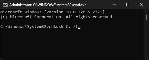 cmd_chkdsk - שגיאת מערכת קבצים 2147163890